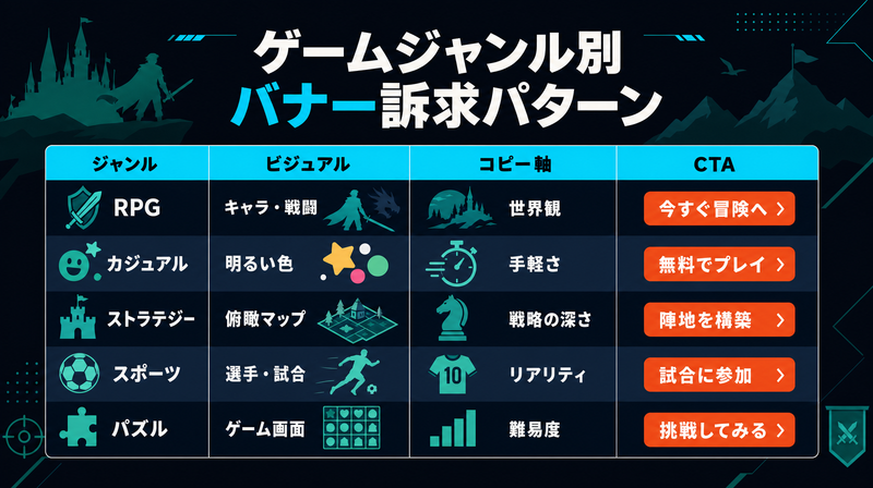 RPG・カジュアル・ストラテジー・スポーツ・パズルの5ジャンル別バナー訴求パターン比較表