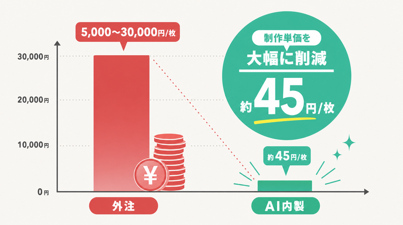 デザイン外注とAI内製の制作単価コスト比較グラフ