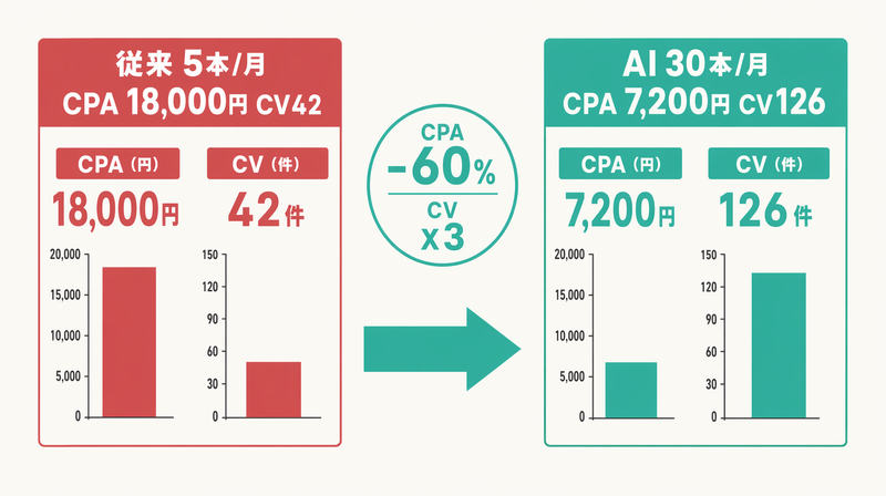月5パターンと月30パターンでのCPA（18000円→7200円）とCV（42→126件）比較バーグラフ