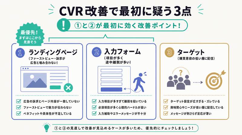ランディングページ・入力フォーム・ターゲットのCVR改善で最初に疑う3点を並べたチェックリスト図
