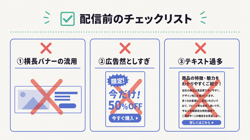 横長バナーの流用・広告然としすぎ・テキスト過多というPinterest広告の3つのNGを×マーク付きで並べた図