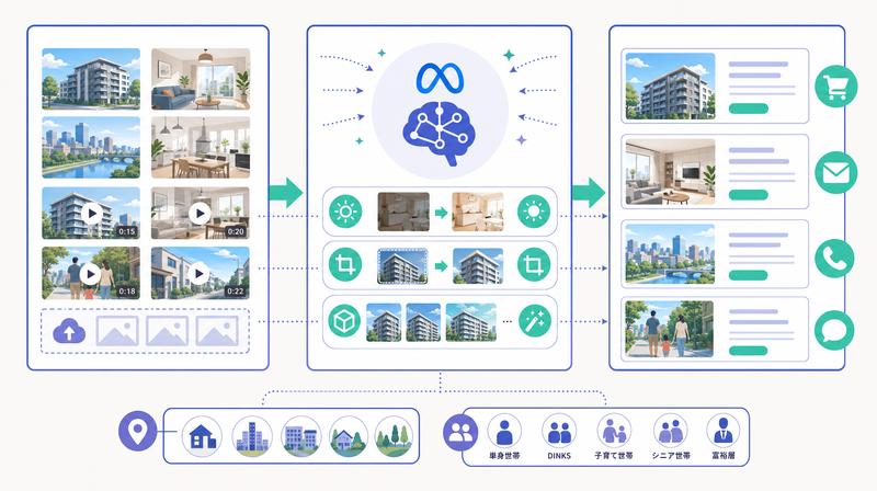 Meta Advantage+が画像・動画を成果の出やすいバージョンへ自動最適化する仕組みを示す図
