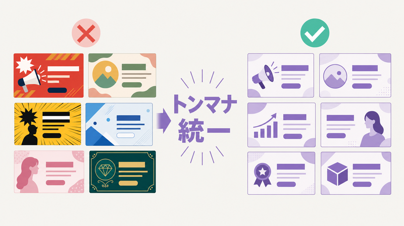 ブランドの一貫性：外注でバラバラなデザインと内製で統一されたデザインの比較
