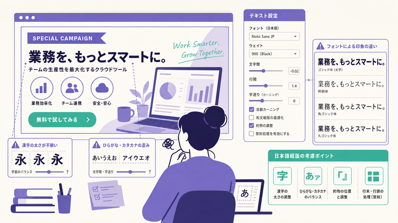Adobe Fireflyにおける日本語広告コピー精度の課題を示すイラスト
