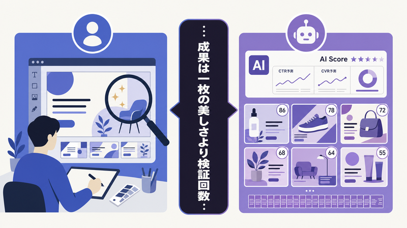 人の完成度・ブランド一貫性とAIの一定水準量産+AI Score予測という品質の出方の違いを示す図