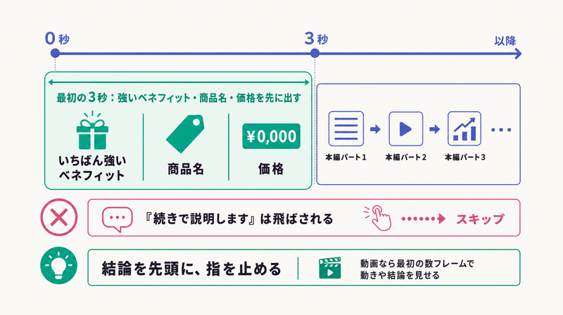 0〜3秒の冒頭区間に強い訴求・商品名・価格を置くことを時間軸で示したストーリーズ広告の設計図