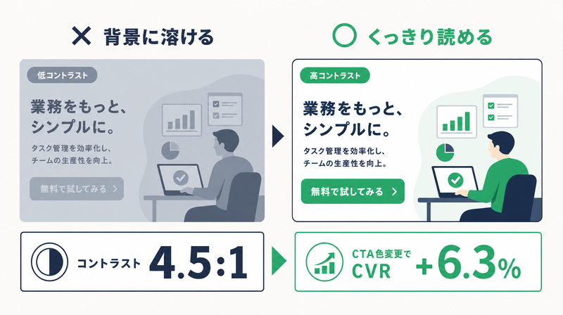 低コントラストと高コントラストのCTAボタンを対比したバナー例
