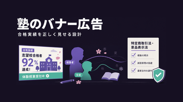 法規制を守りながら合格実績を訴求する塾のバナー広告を描いたエディトリアル風サムネイル