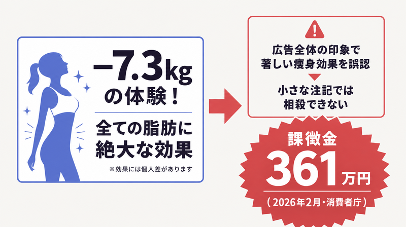 打消し表示があっても優良誤認と判断され課徴金361万円が命じられた体験談・ビフォーアフターの落とし穴を示す図