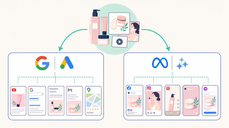 Google P-MAXとMeta Advantage+がともに素材を起点に配信を自動化することを示す対比図