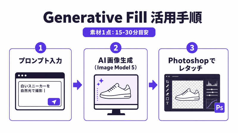 PhotoshopのGenerative Fillを使った広告素材生成の3ステップを示す図解。