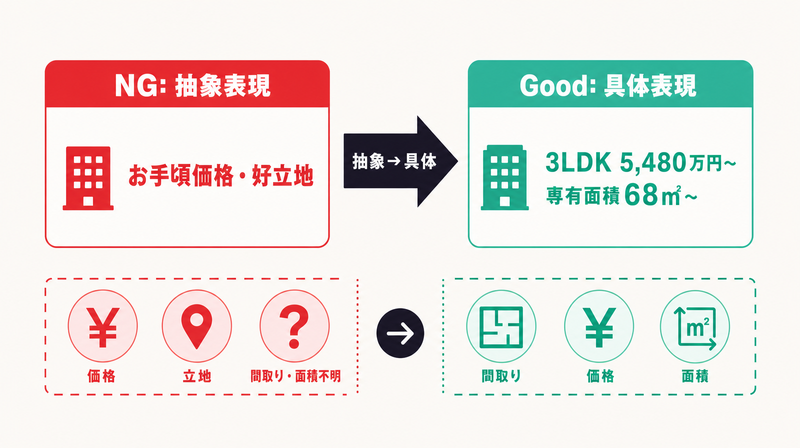 不動産バナー広告のコピー「抽象表現NG vs 具体数値Good」比較図