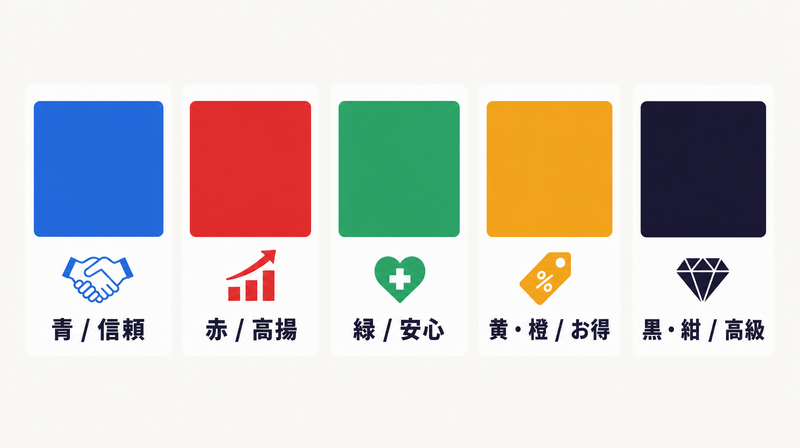 青・赤・緑・黄・黒それぞれの色が広告で持つ意味を示したカラースウォッチ一覧
