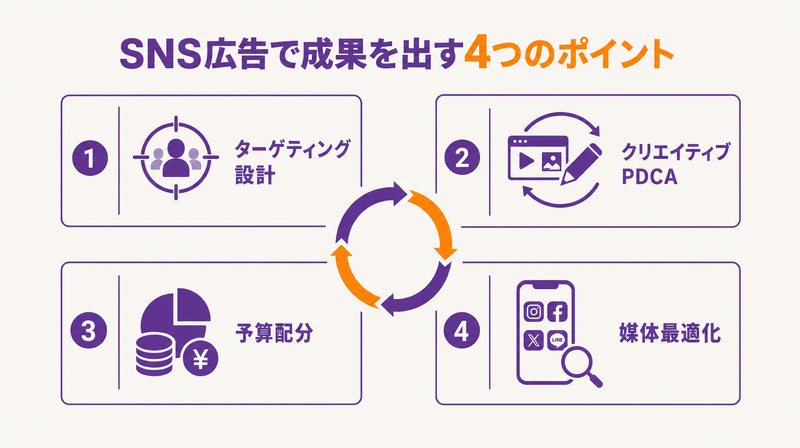 SNS広告運用で成果を出すための4つのポイント概念図