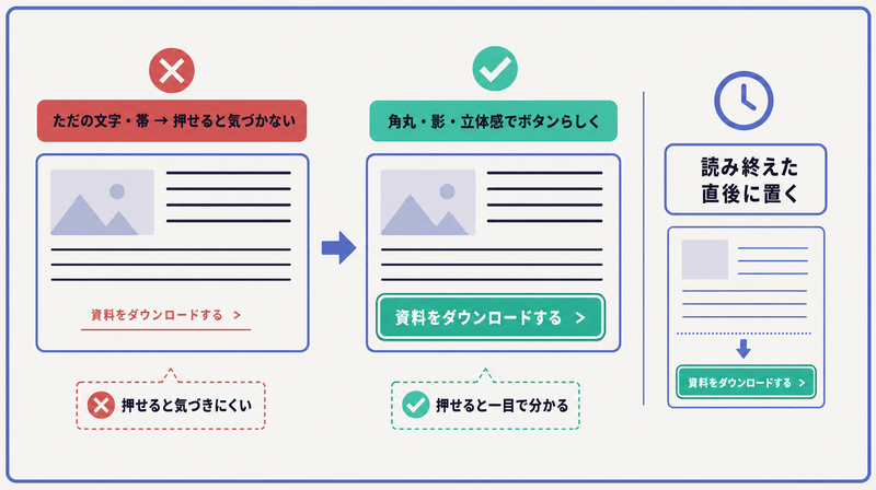 ただの文字では押せると気づかれず角丸や影で立体感をつけてボタンらしくすべきことを対比した図