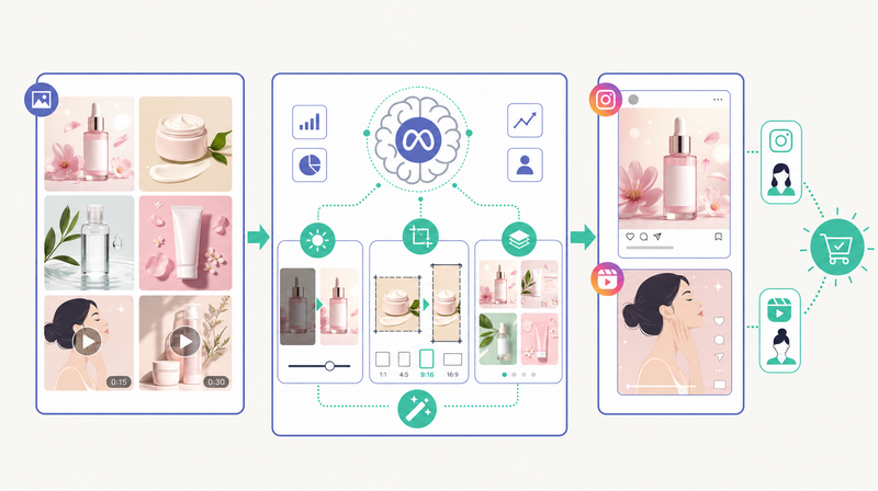 Meta Advantage+が画像・動画を成果の出やすいバージョンへ自動最適化する仕組みを示す図