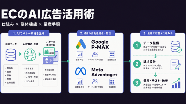 ECのAI広告の仕組み・媒体機能・量産手順を整理した構造図サムネイル