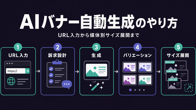 AIバナー自動生成のやり方を、URL入力から媒体別サイズ展開までの5ステップのフロー図で示したサムネイル