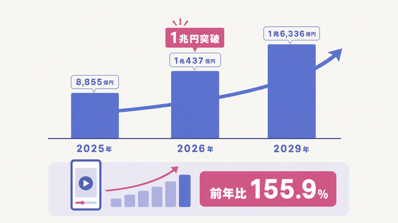 国内動画広告市場が2026年に1兆円を超える成長予測の棒グラフ