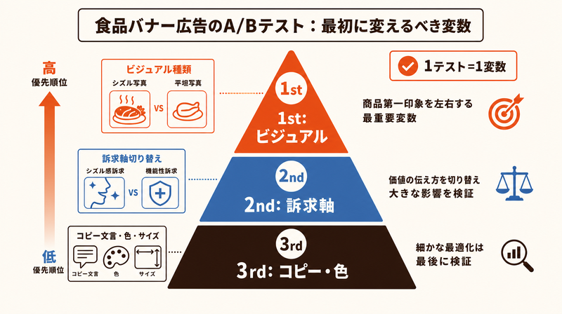 食品バナー広告A/Bテストの優先変数ピラミッド