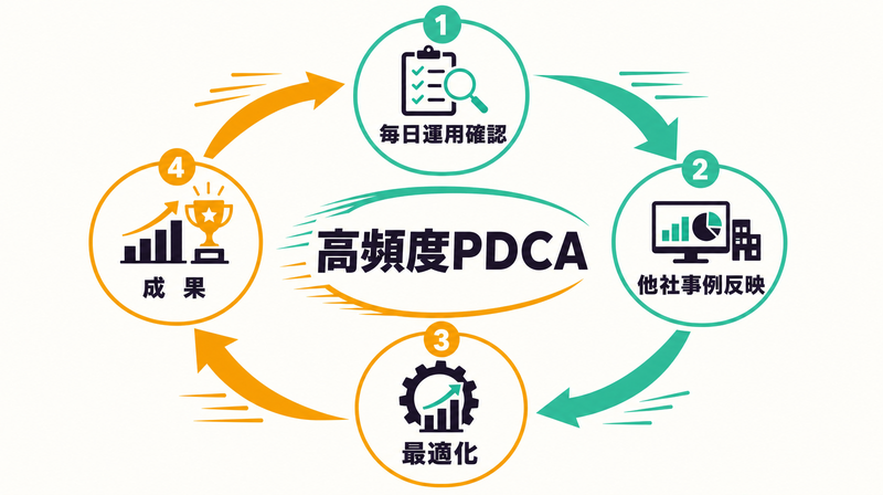 シューキャク・マンの高頻度PDCAサイクル(毎日確認→他社事例反映→最適化→成果)図
