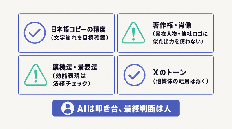 日本語コピー精度・著作権肖像・薬機法景表法・Xのトーンという、AIでX広告を作るときの注意点4つを並べた図