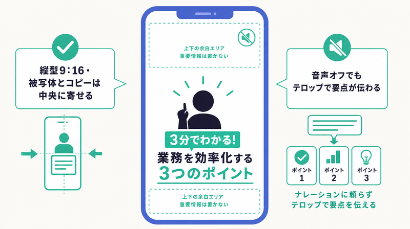 縦型9対16で被写体を中央に寄せ音声オフでもテロップで伝わる設計を示すYouTube広告の作り方図