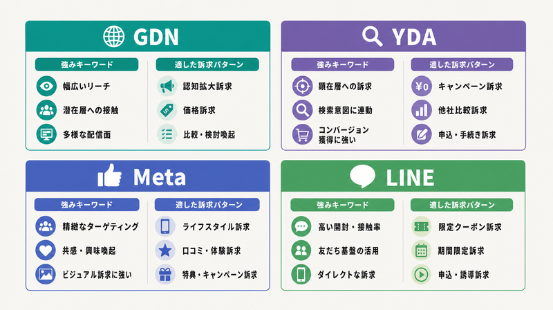 通信バナー広告4媒体の特性比較図