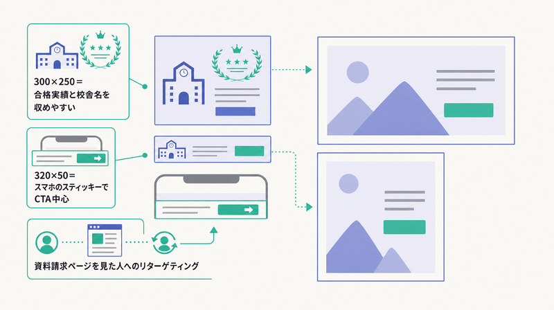 GDN・YDAの推奨サイズ300×250・728×90・320×50とリターゲティング設計を示す図