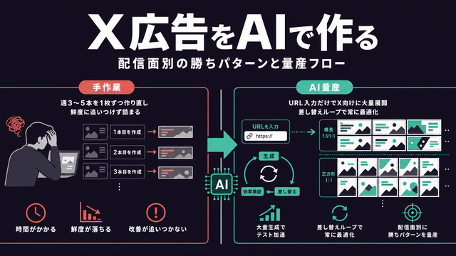 週3〜5本の手作業差し替えとURL入力からのAI量産を対比し、X向けバナーが格子状に展開される様子を示すストラクチャー型サムネイル