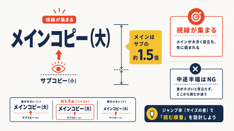 メインコピーをサブコピーの約1.5倍にして視線を集めるジャンプ率の概念図