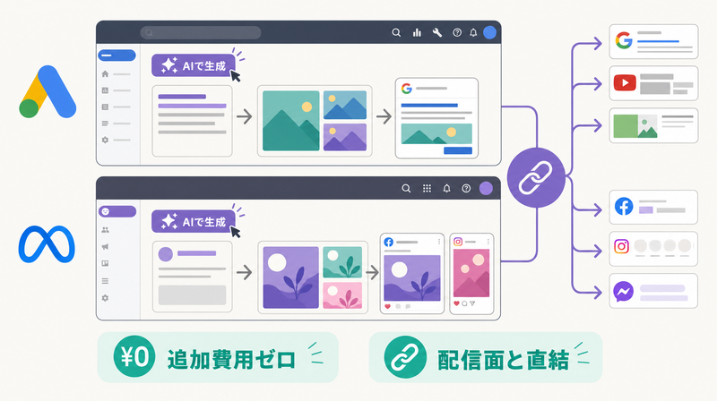 Google広告とMeta広告に内蔵されたAI生成機能のイメージ図