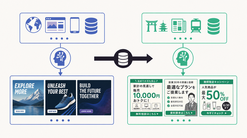 海外データ中心の汎用ツールと日本市場データで学んだAIの出力の型の違いを示す図