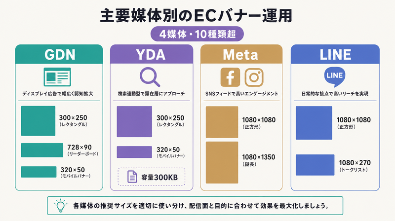 主要4媒体（GDN・YDA・Meta・LINE）のECバナー必須サイズ比較グリッド