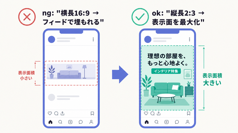 横長16:9バナーがフィードで埋もれるのに対し縦長2:3が表示面を最大化することを対比した図