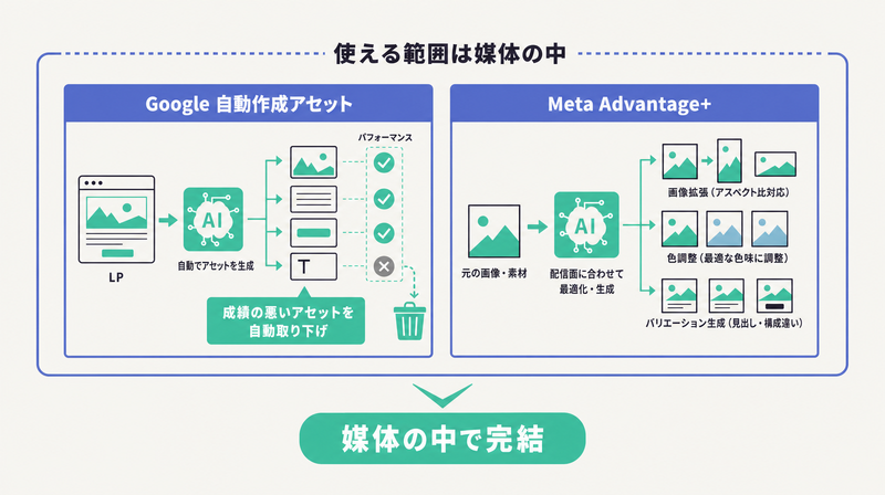 Google・Metaの媒体内蔵AIが配信面の中でアセットを自動生成・最適化することを示す図