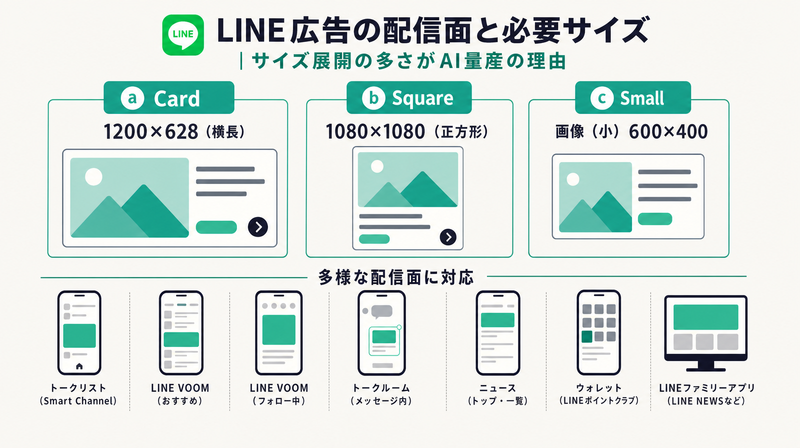 LINE広告の主要フォーマット(Card・Square・画像小)の比率違いを並べた一覧図