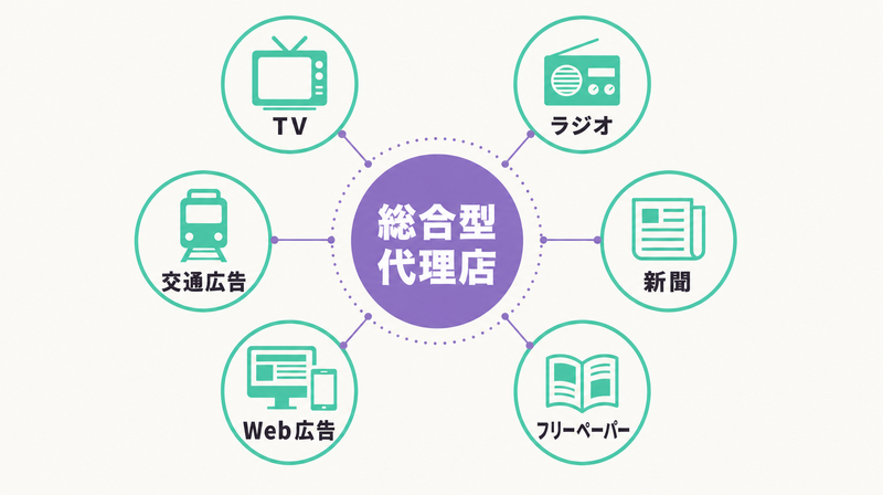 総合型広告代理店のサービス範囲（TV・ラジオ・新聞・Web等）を示す図