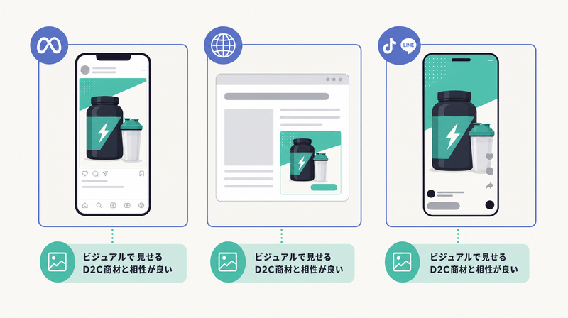 Meta・GDN・TikTok・LINEの配信先とD2C商材との相性を示す概要図