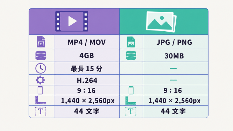 リール広告の動画と画像の入稿仕様を対比した一覧図