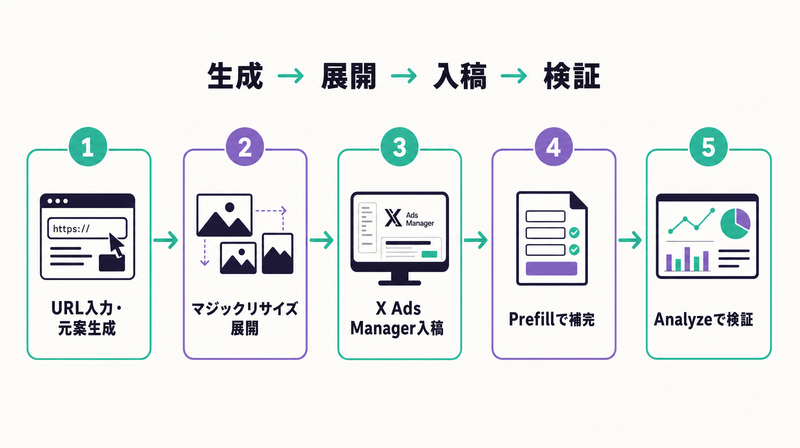X広告AIの実務ワークフローを5ステップで俯瞰した横並びのフロー図