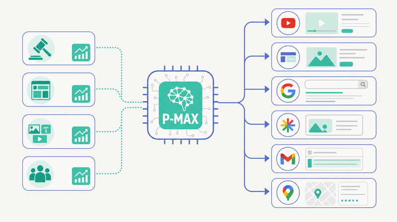P-MAXが6つの配信面へ展開し4領域を最適化する仕組みを示すフロー図