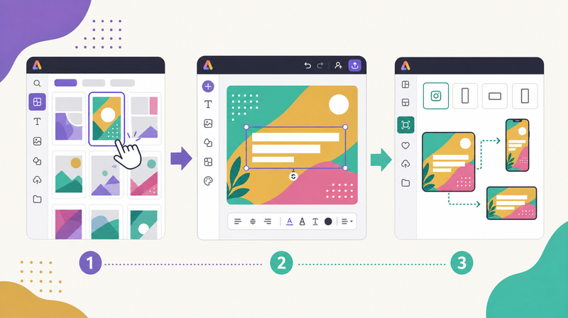 Adobe Expressのバナーエディタでテンプレートを使ってレイアウトを仕上げる様子のイラスト。