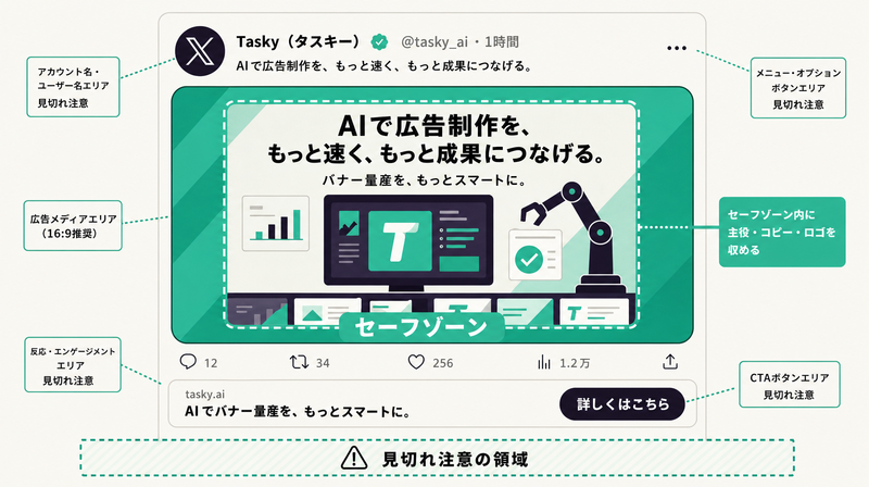タイムラインのUIに合わせて主要素を中央のセーフゾーンに収める設計を示したイラスト