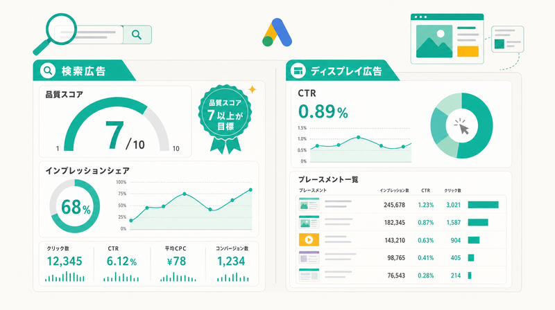 Google広告の検索とディスプレイの効果測定ダッシュボードイメージ