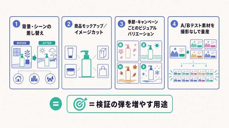 背景差し替え・モックアップ・季節バリエーション・A/Bテスト素材量産という検証の弾を増やす効く場面を並べた図