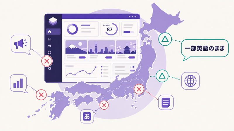AdCreative.aiの日本市場での対応状況を示す概念図