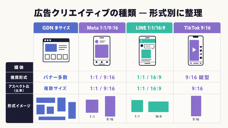 GDN/Meta/LINE/TikTokの媒体別クリエイティブ形式とアスペクト比を比較した表