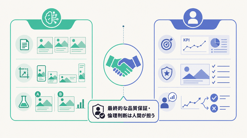 AIが量産を担い人がKPI設計と最終チェックを担うHuman-in-the-loopの役割分担図