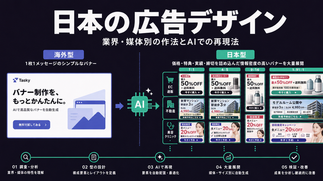 海外型のシンプルバナーと情報を詰める日本型バナーを対比し業界媒体別に展開するストラクチャー型サムネイル